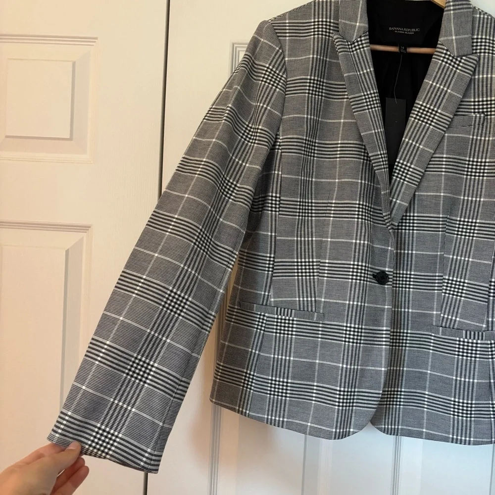 Banana Republic Women's Grey Black White Plaid Cotton Blazer 14 NWT Office Caree - Picture 5 of 10